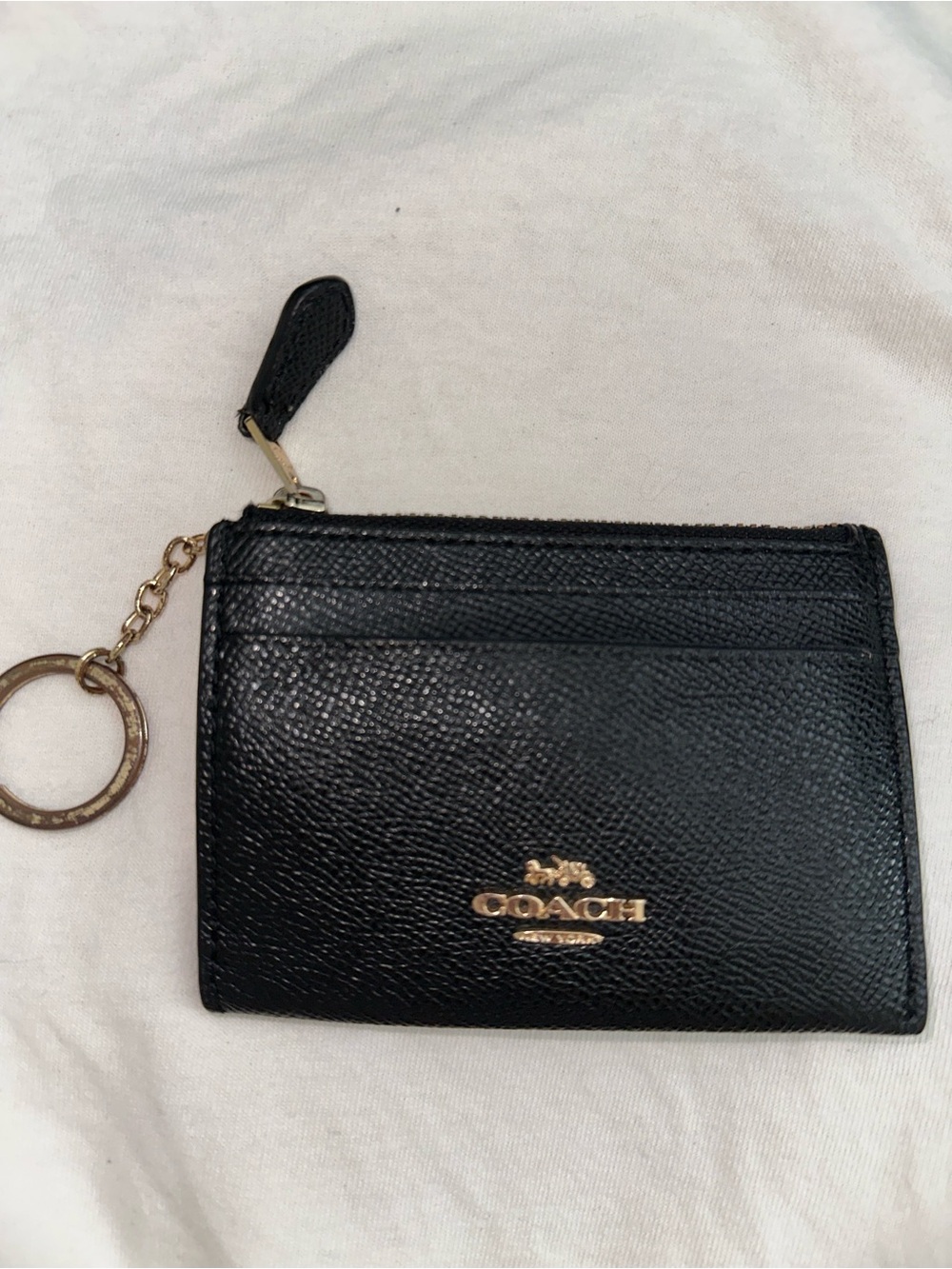 Coach Black Leather Zip Card Case with Keyring and Gold Logo